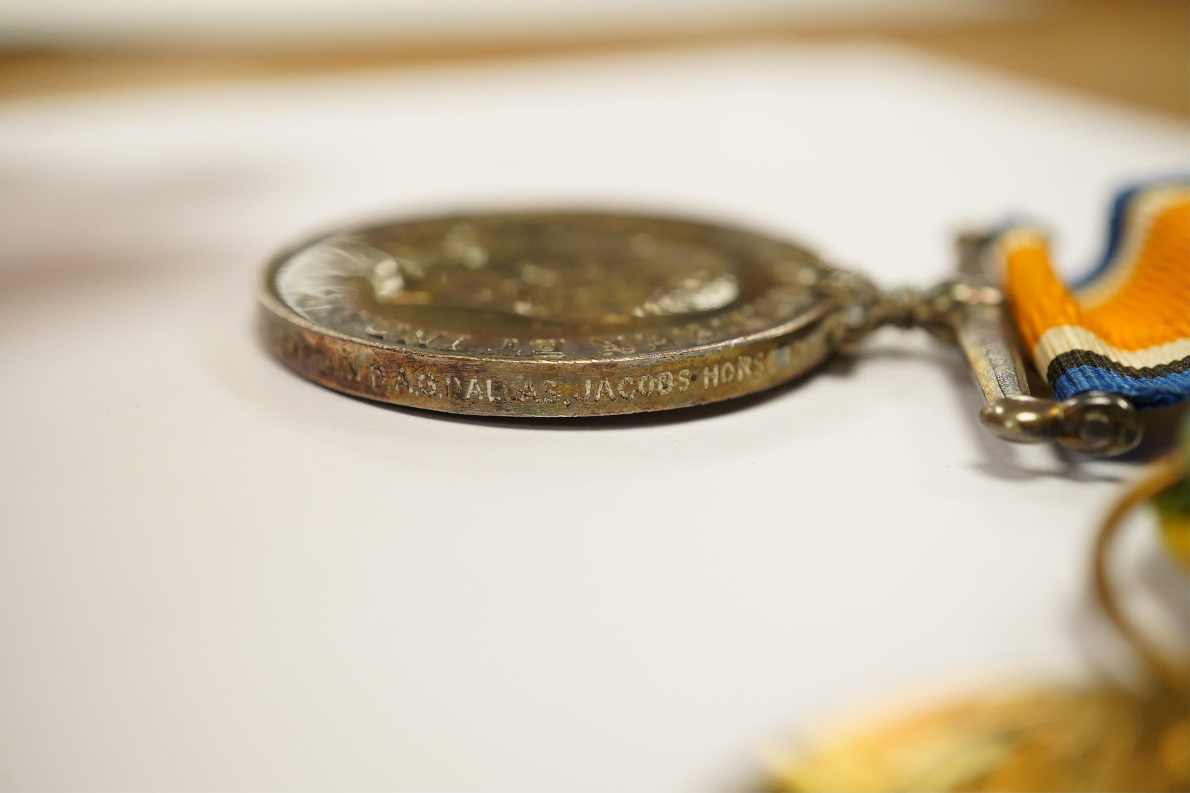 A WW1 pair oddly named for 'Maj Gen A.G.Dallas. Capt D.A.G.Dallas Jacob's Horse 1916-' with miniatures and a 1937 Coronation medal (5). Condition - fair